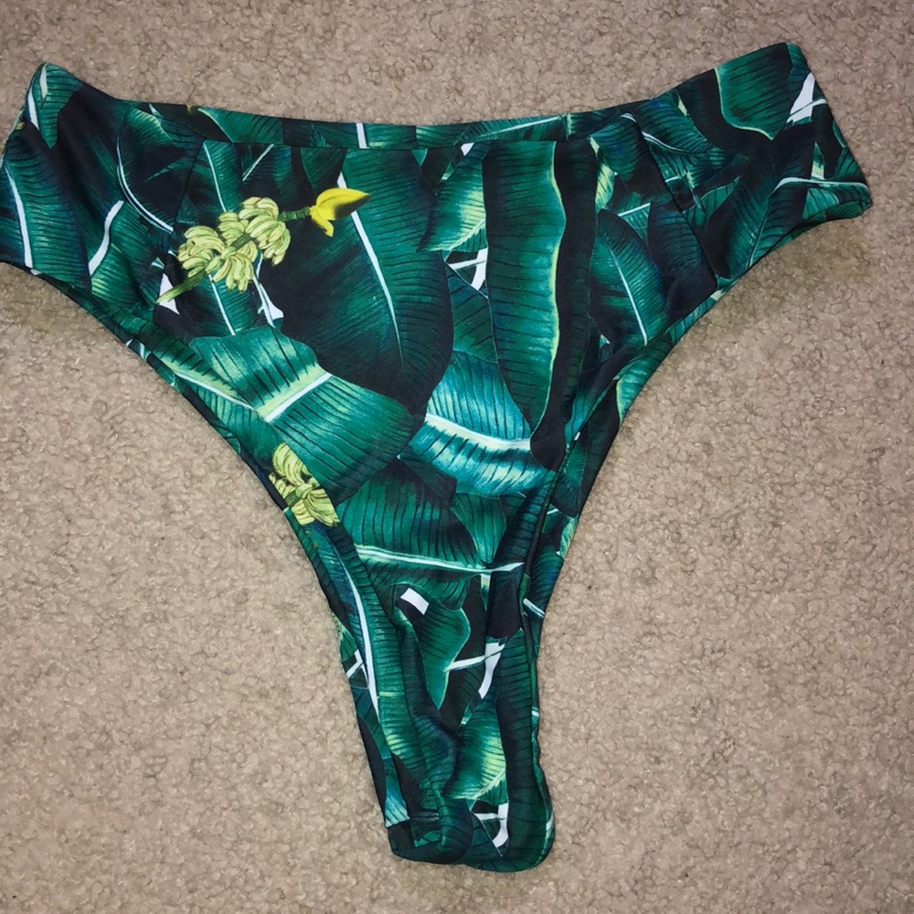 leaf patterned high rise bikini bottoms